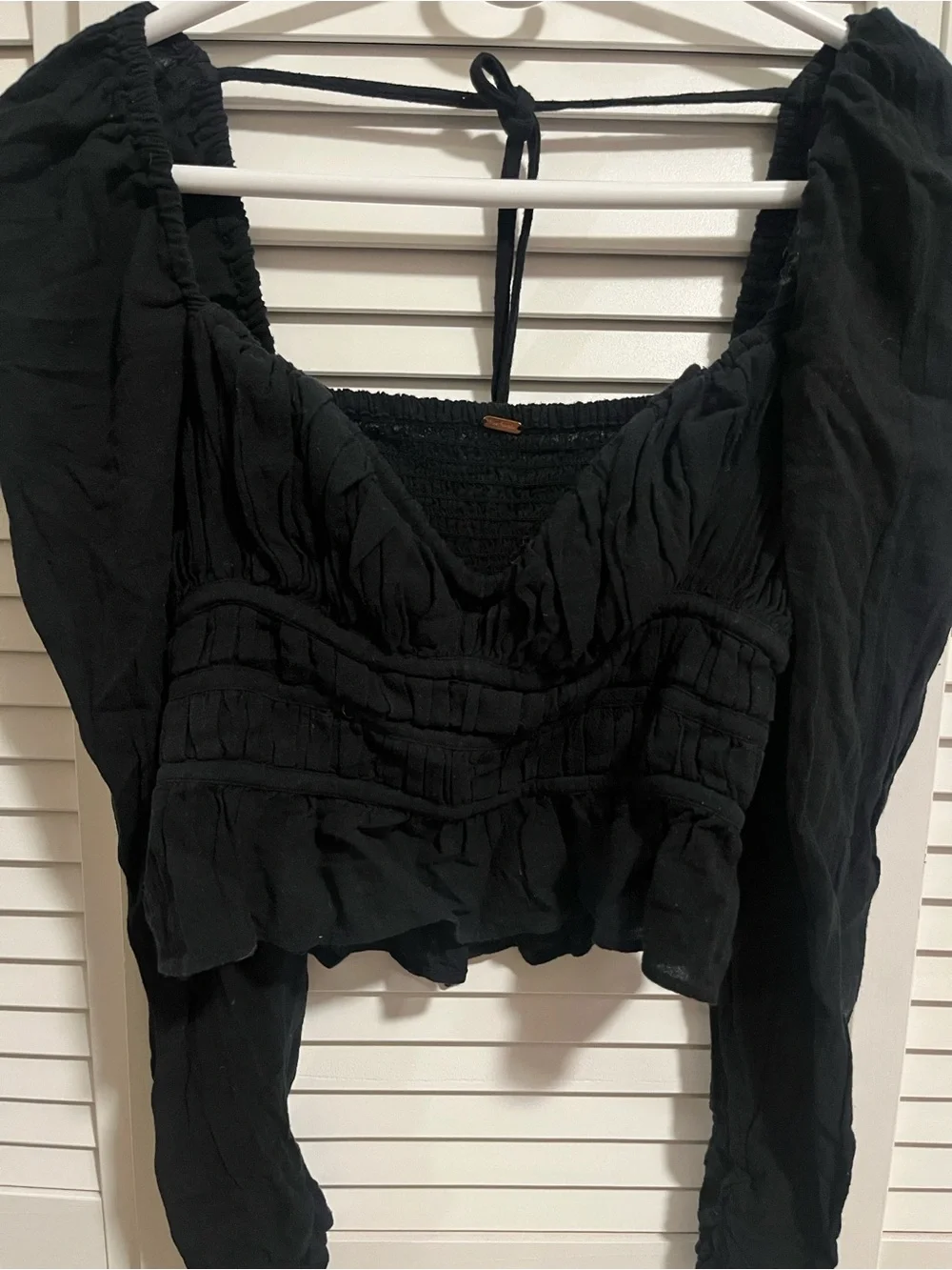 Free People Black Smocked Peasant Blouse with Tie-Back